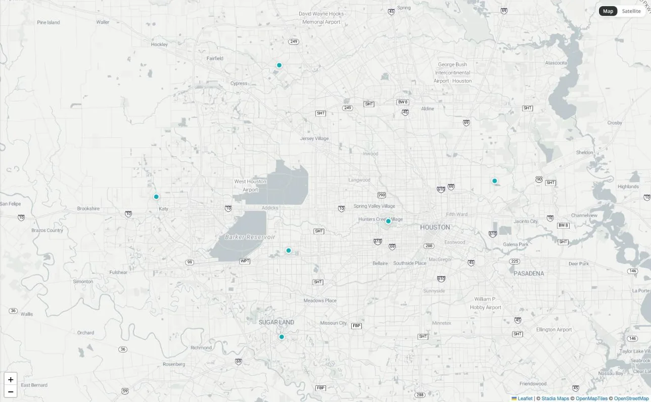 Sites across Houston on a map in the Swyvl hub